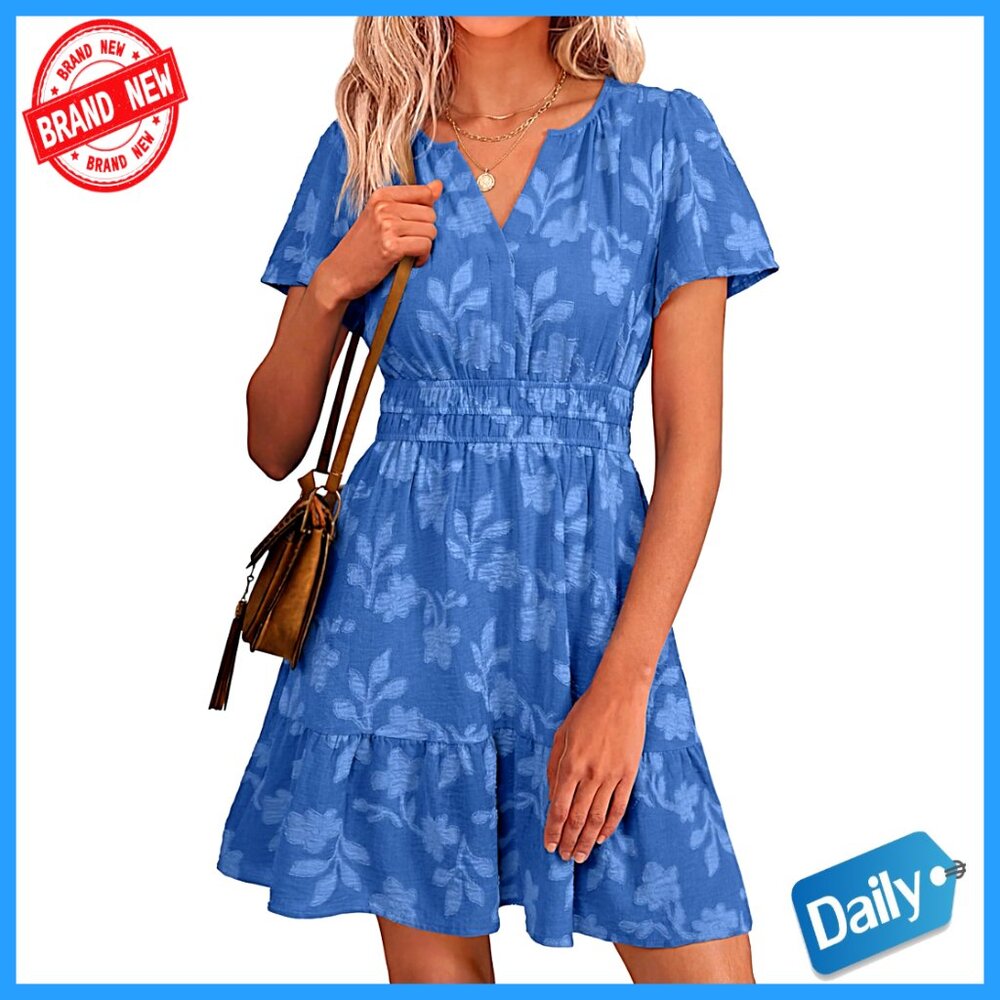Summer Floral Dress Short Sleeve V Neck Empire Waist Boho Mini Wedding Guest
